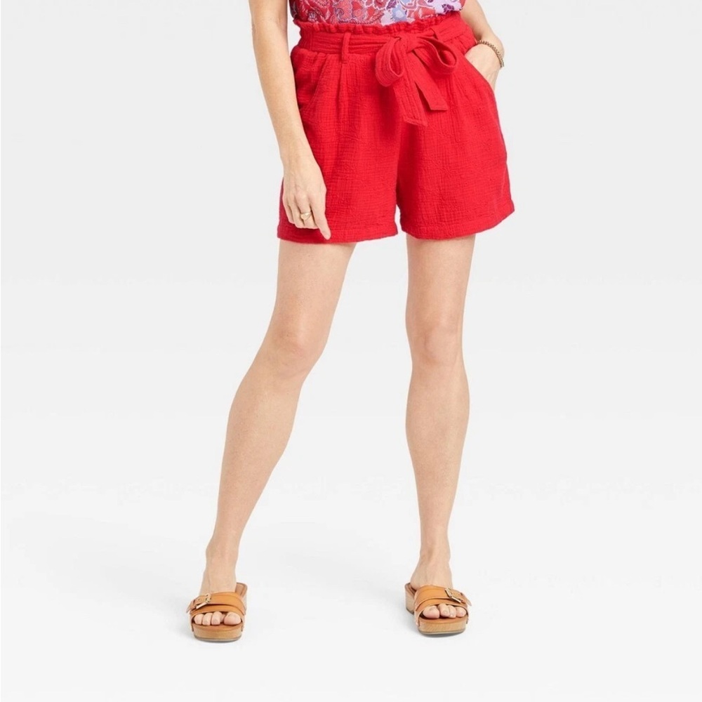 Knox Rose Red Eyelet Floral Front Tie Paperbag Ruffle Size Large